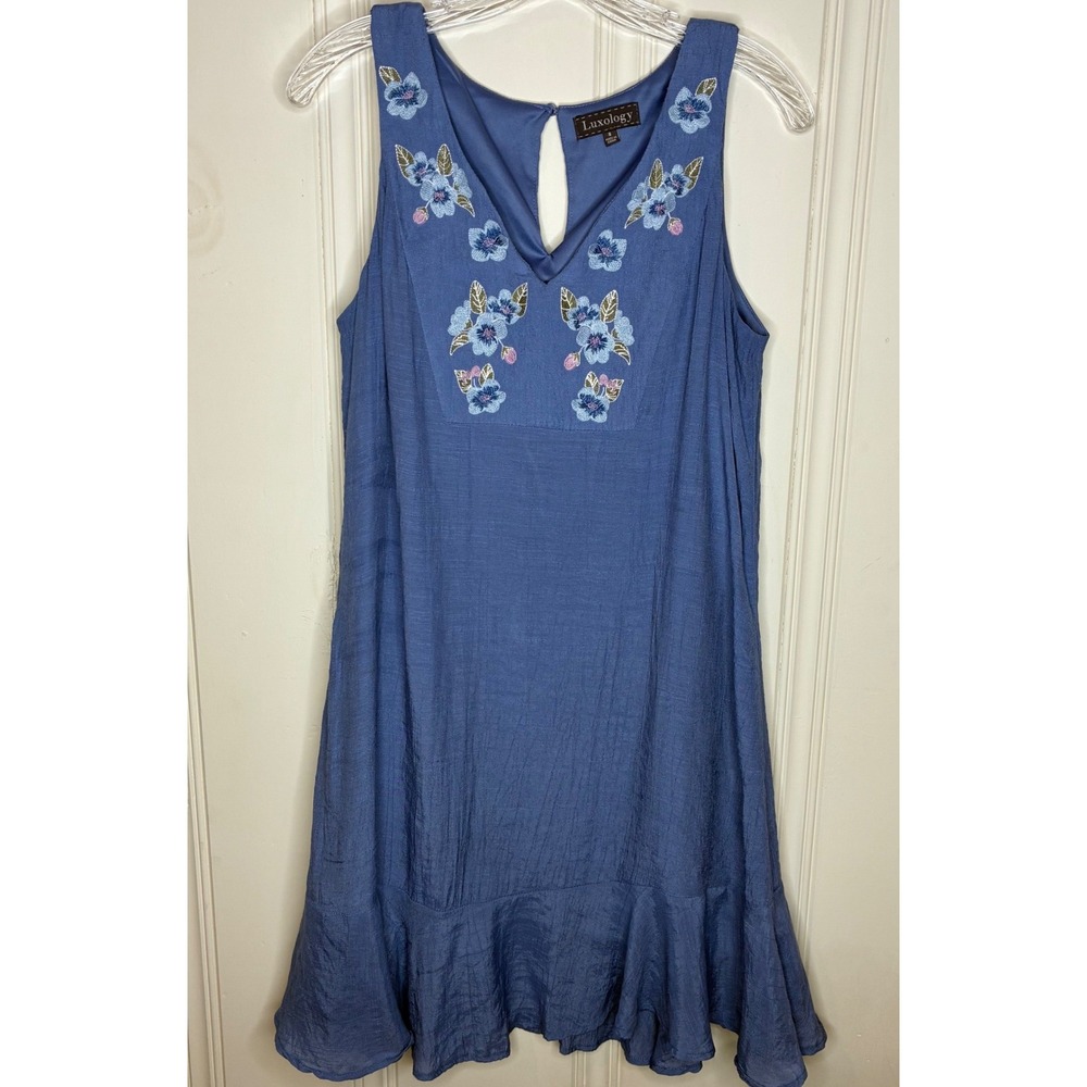 Luxology Blue Floral Embroider Ruffle Hem Sleeveless Shift Dress 8 Boho Cottage